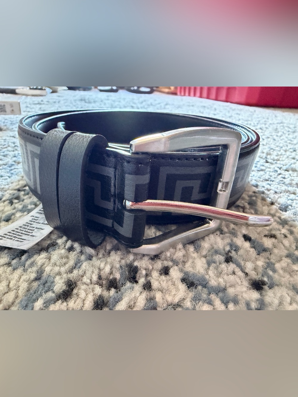 Aldo Black Geometric Print Leather Belt with Silver Buckle